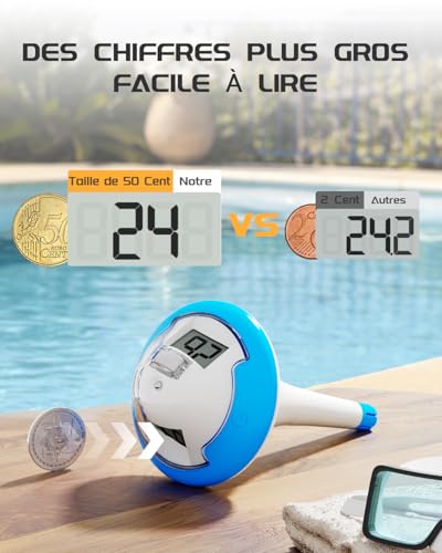 BALDR Thermomètre Piscine rechargeable, double écran et gros chiffres pour nageurs, baignade, bassin chauffé, aquarium, 