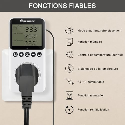 KETOTEK Prise Théramermostat Jour/Nuit Numériqueavec Minuterie pour Terrarium et SerreChauffage et RefroidissementContrô