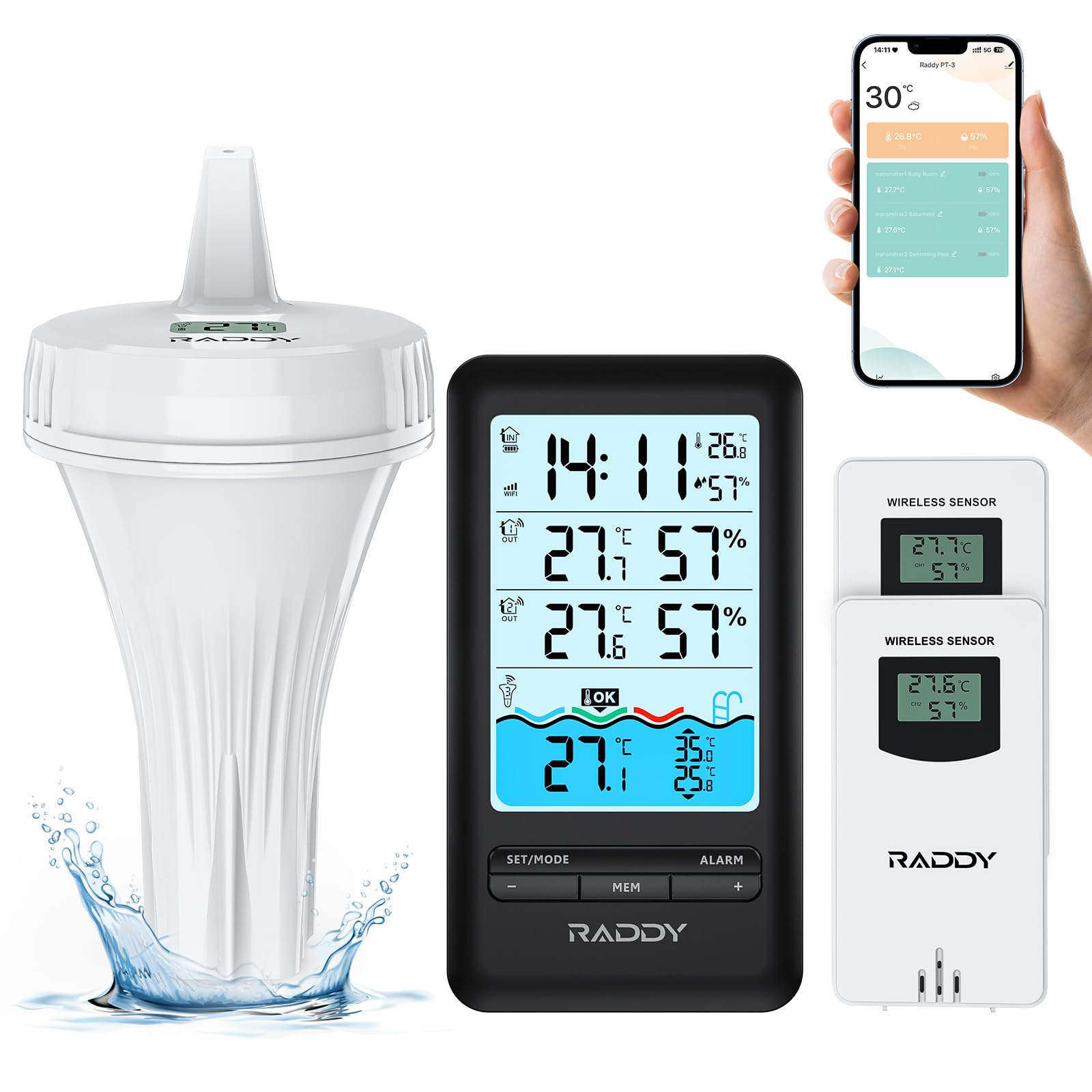 Thermomètre de piscine Raddy PT-3 Wi-Fi, monitorage à distance via APP, grand écran numérique, 2 capteurs supplémentaire